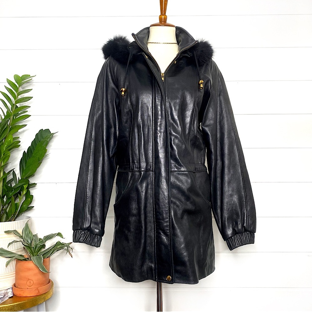 Vintage Genuine Lambskin Leather Black Parka w/ Fox Fur Trimmed Removable Hood